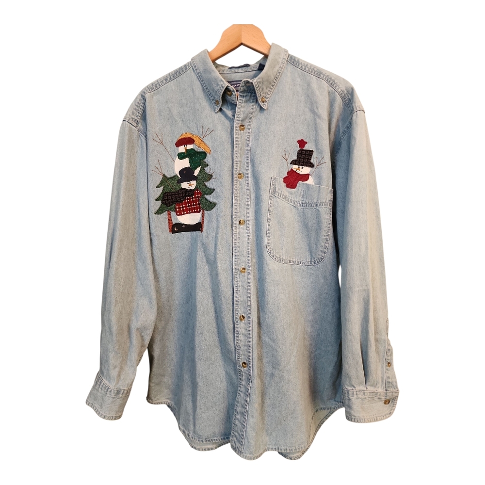 Christmas Snowman Light Denim Button Down Shirt